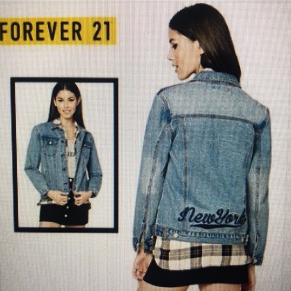Forever 21 Medium Wash Denim Jean Jacket Embroidered New York